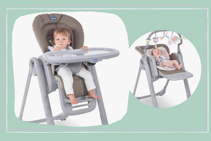 A collage of images showing the Chicco Polly Magic Relax highchair - our pick of one of the best highchairs