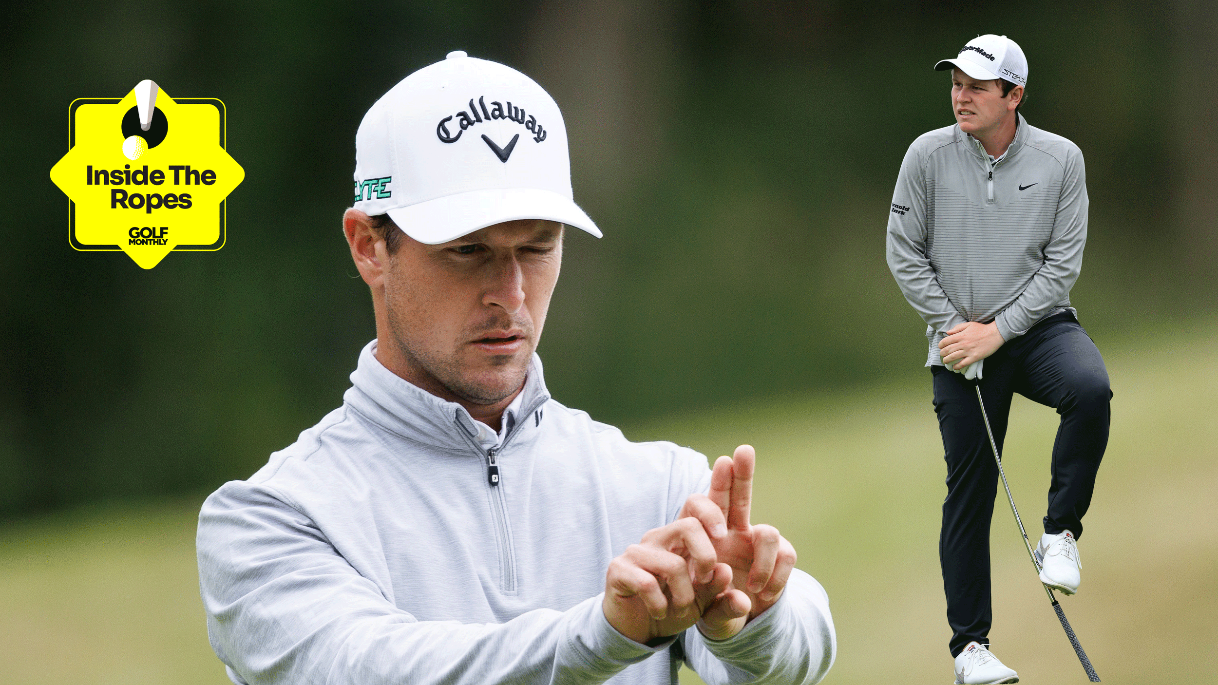 Main image of a golfer using Aimpoint with an Inside The Ropes sticker in the top-left corner and Robert MacIntyre bending a golf club on the right