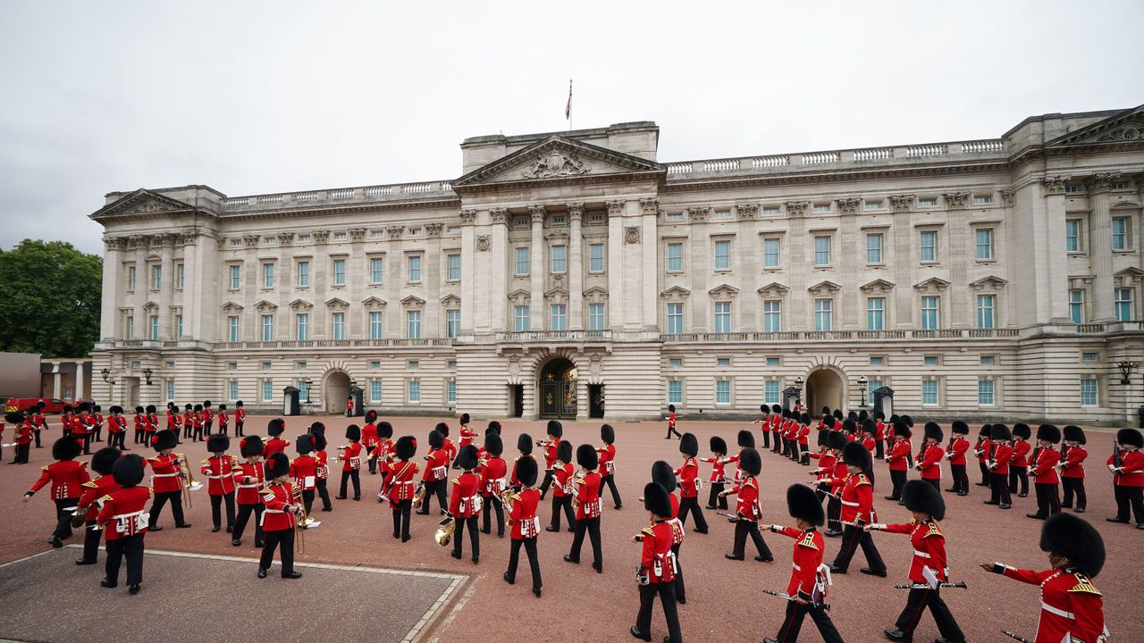 london, england august 23 members of the nijmegen company grenadier guards and the 1st battalion the coldstream guards take part in the changing of the guard, which is taking place for the first time since the start of the coronavirus pandemic, at the forecourt of buckingham palace on august 23, 2021 in london, england photo by yui mok wpa poolgetty images