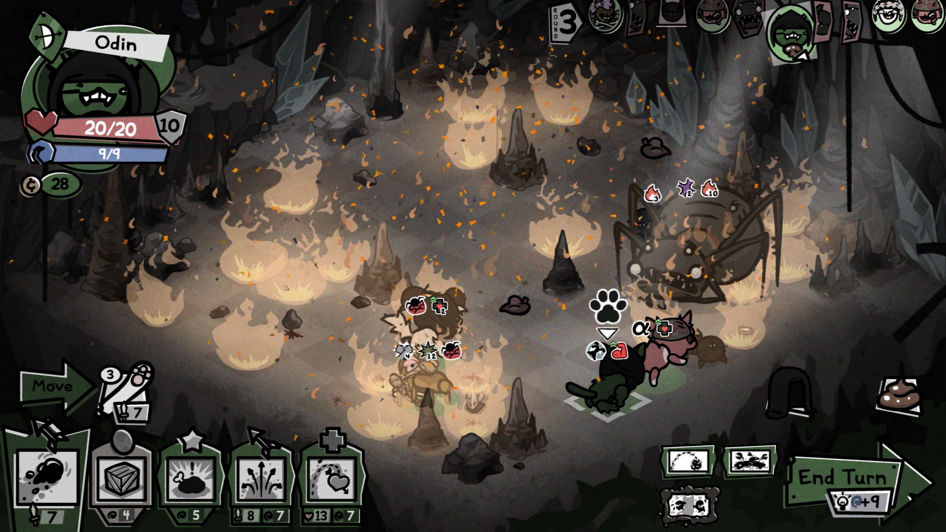 The party fights a gigantic spider boss in the Caves in Mewgenics