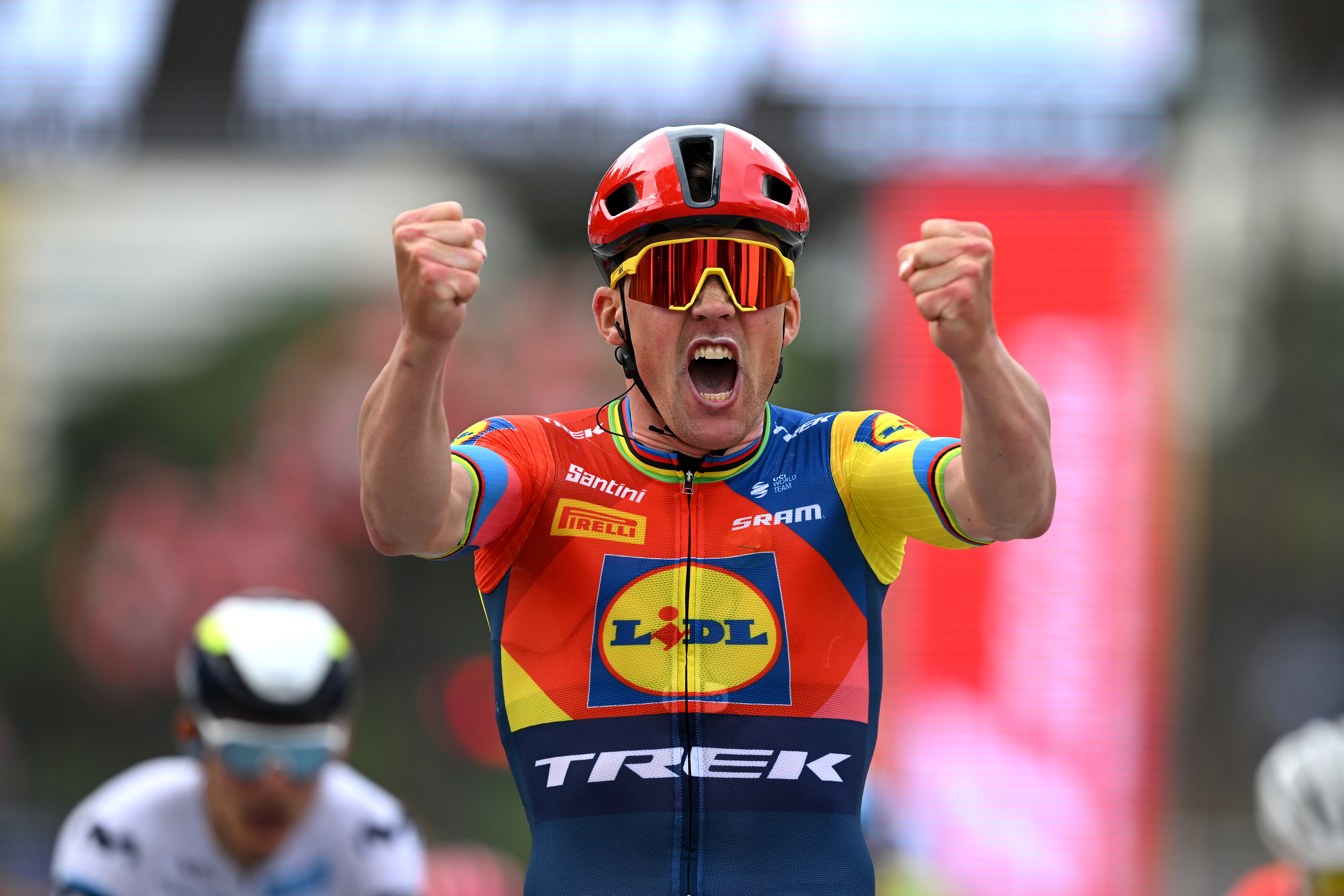 Mads Pedersen celebrates winning stage one of the Giro d&#039;Italia