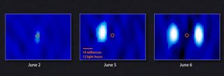 These images, taken by the Very Long Baseline Array radio telescope, show two gaseous bullets launching from the black hole binary H1743-322 (circled) in June 2009.