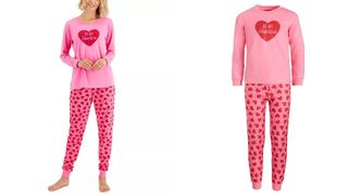 woman wearing pink valentine's day pajamas from macy's and flat lay image of the kids' version