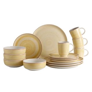 Corona 16 –piece Yellow Hand-Painted Vintage Style Ceramic Dinnerware Sets, Plates, Bowls and Mugs, Service for 4, Mustard Caoba