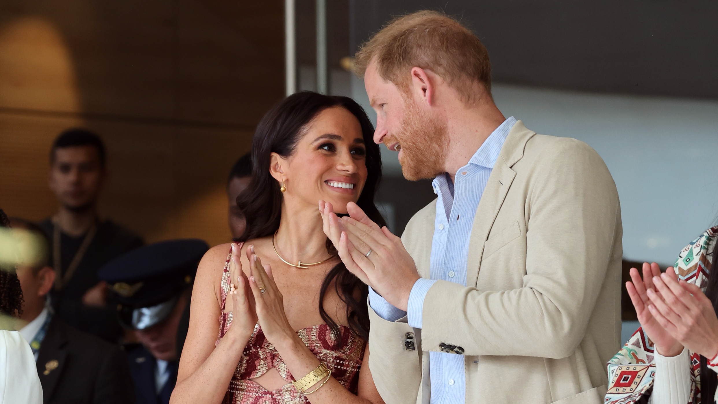 Meghan, Duchess of Sussex and Prince Harry, Duke of Sussex are seen at Centro Nacional de las Artes Delia Zapata during The Duke and Duchess of Sussex's Colombia Visit on August 15, 2024