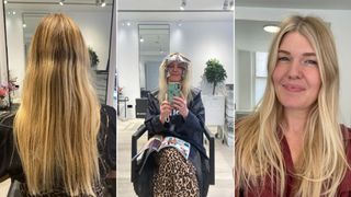 W&H Beauty editor Fiona McKim before, during and after balayage with money piece