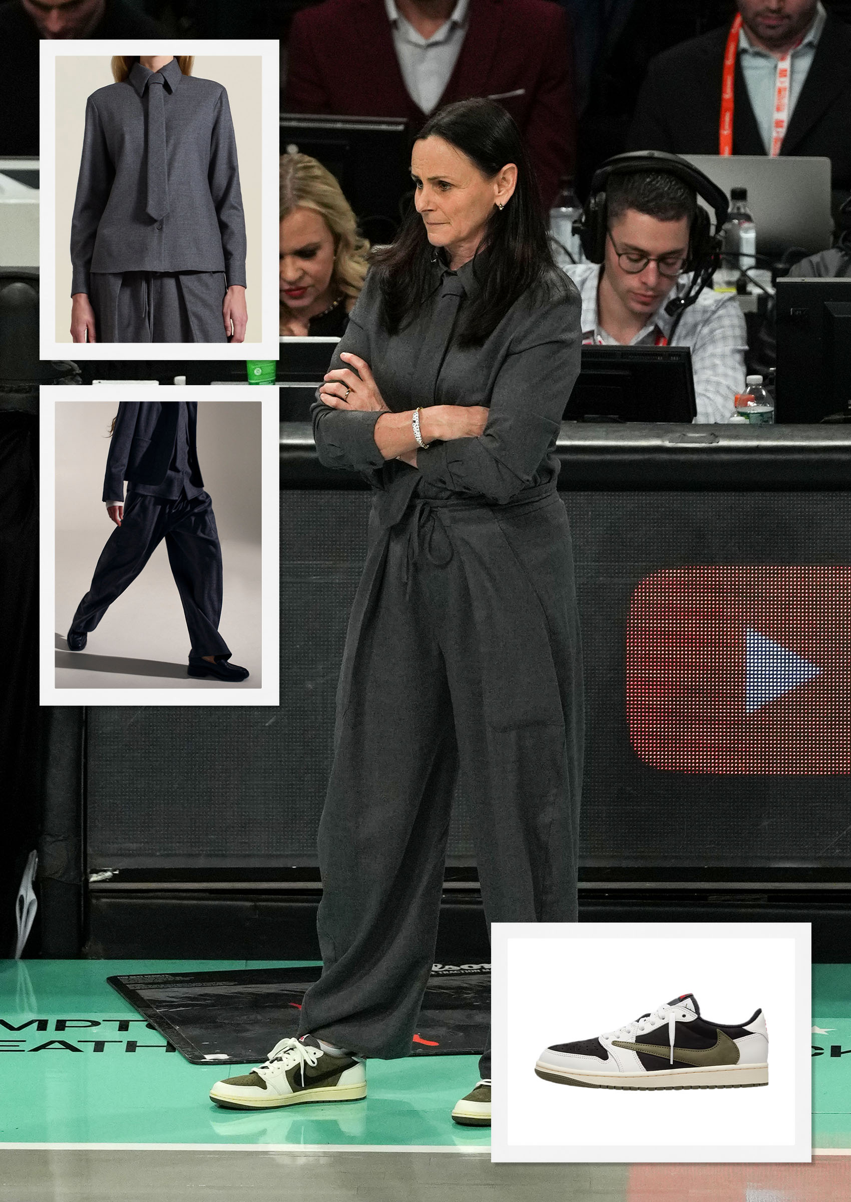 New York Liberty Head Coach Sandy Brondello in gray Kallmeyer trousers, shirt, and necktie with green and white Nike Air Jordan sneakers.
