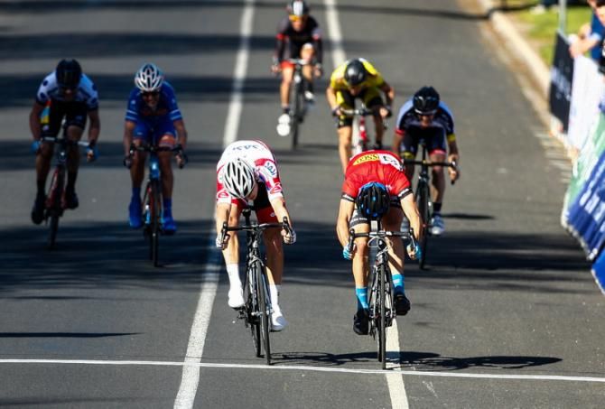 Alex Edmondson (SASI) nudges Patrick Bevin (health.com.au-search2retain Cycling Team) for the stage win