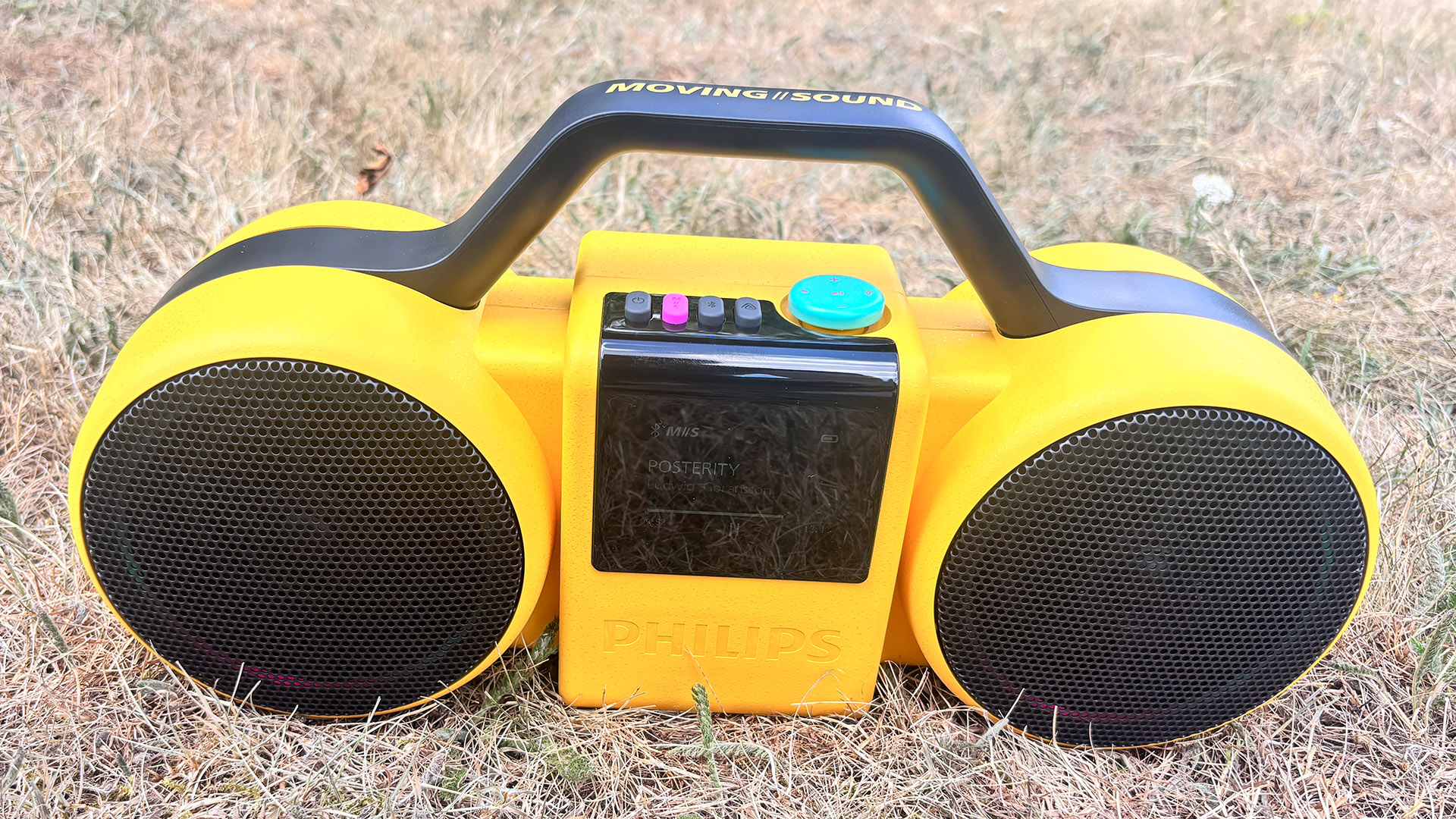 Philips The Roller wireless speaker on ground on dry lawn