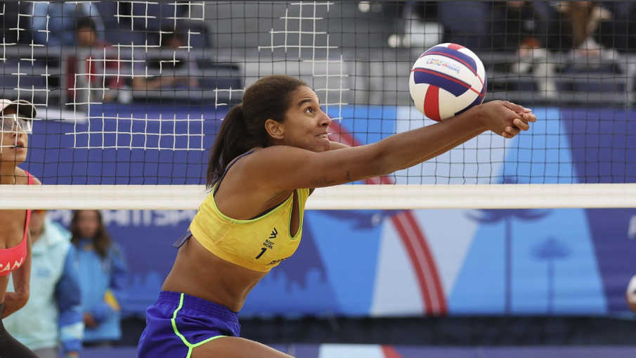  Ana Patricia Silva of Team Brazil receives the ball in preparation for the beach volleyball live streams at Olympics 2024 