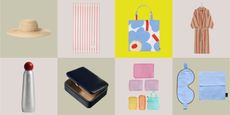 A grid of summer buys, from sleep masks and clothing to water bottles, presented against pastel squares.