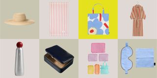 A grid of summer buys, from sleep masks and clothing to water bottles, presented against pastel squares.
