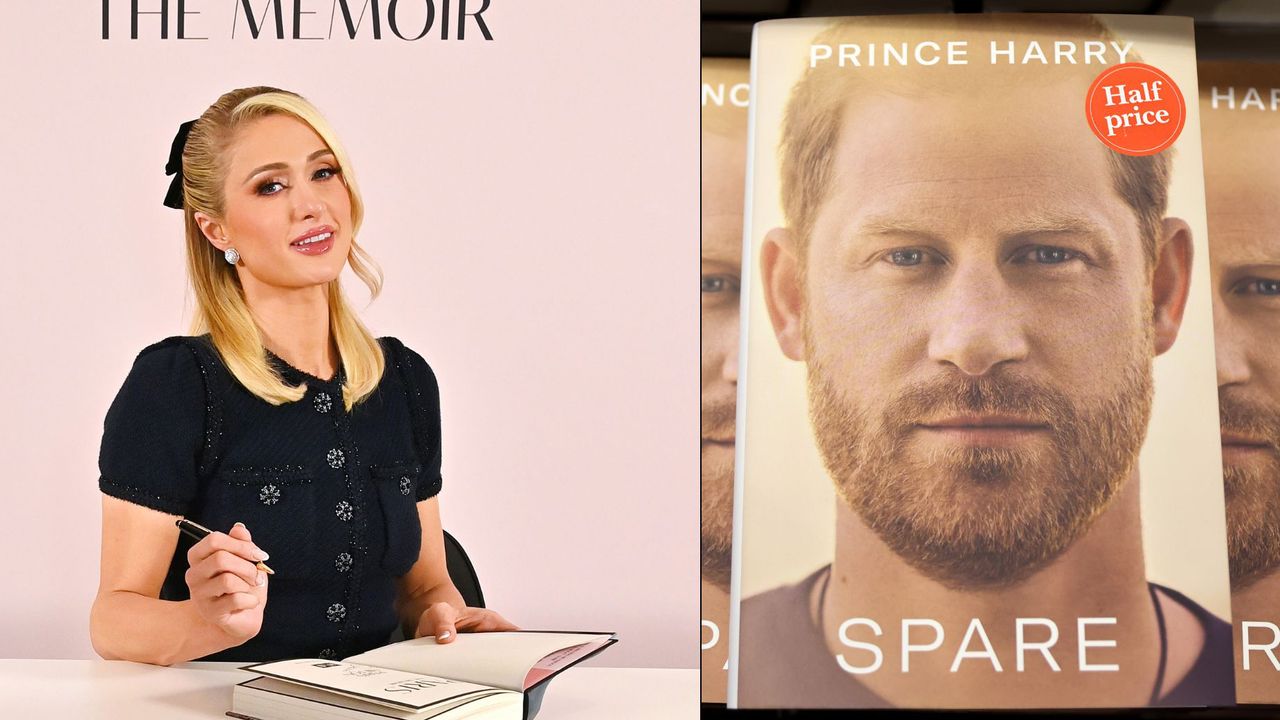 Left: Paris Hilton signing a copy of her memoir, right: The front cover of Prince Harry&#039;s book, Spare