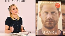 Left: Paris Hilton signing a copy of her memoir, right: The front cover of Prince Harry's book, Spare