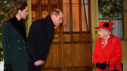 The Queen greets Prince William and Kate Middleton