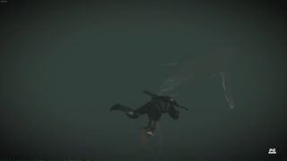 Geralt in The Witcher 3 swimming towards a whale in dark water