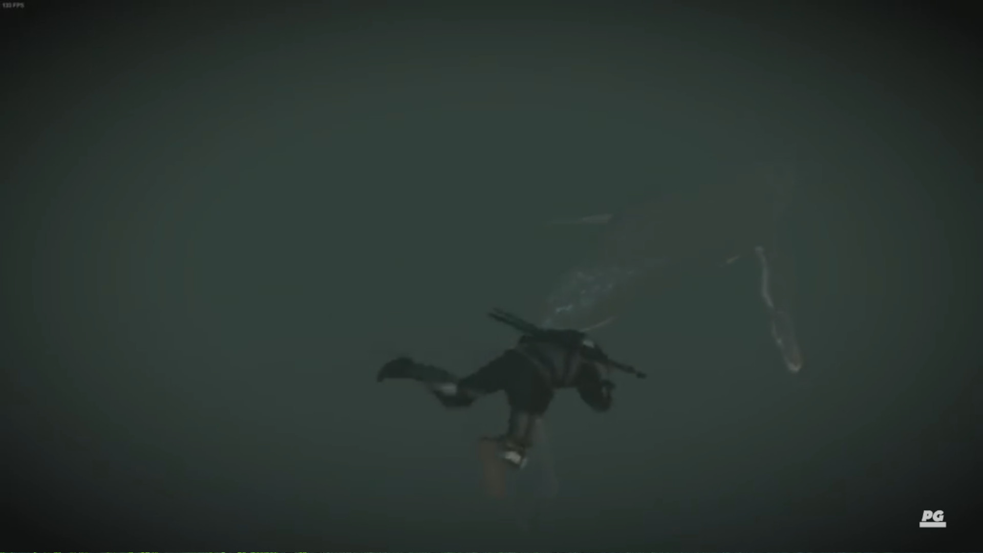 Geralt in The Witcher 3 swimming towards a whale in dark water