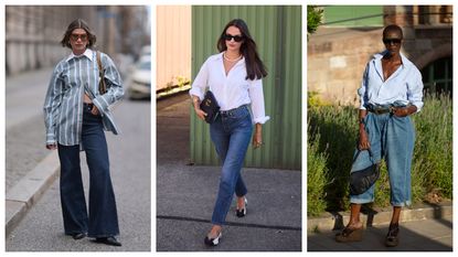 women wearing button-down tops and jeans 