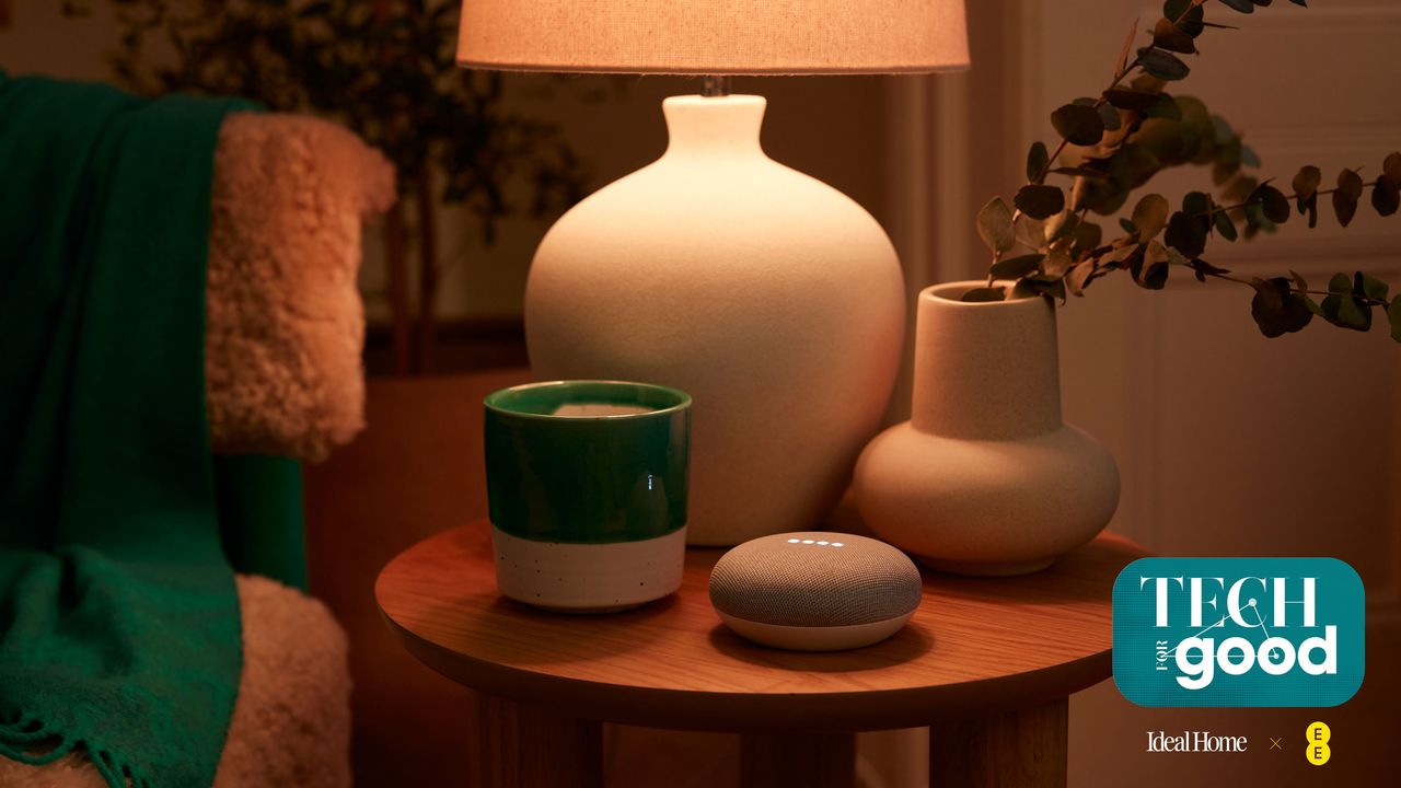 Table lamp next to a smart speaker