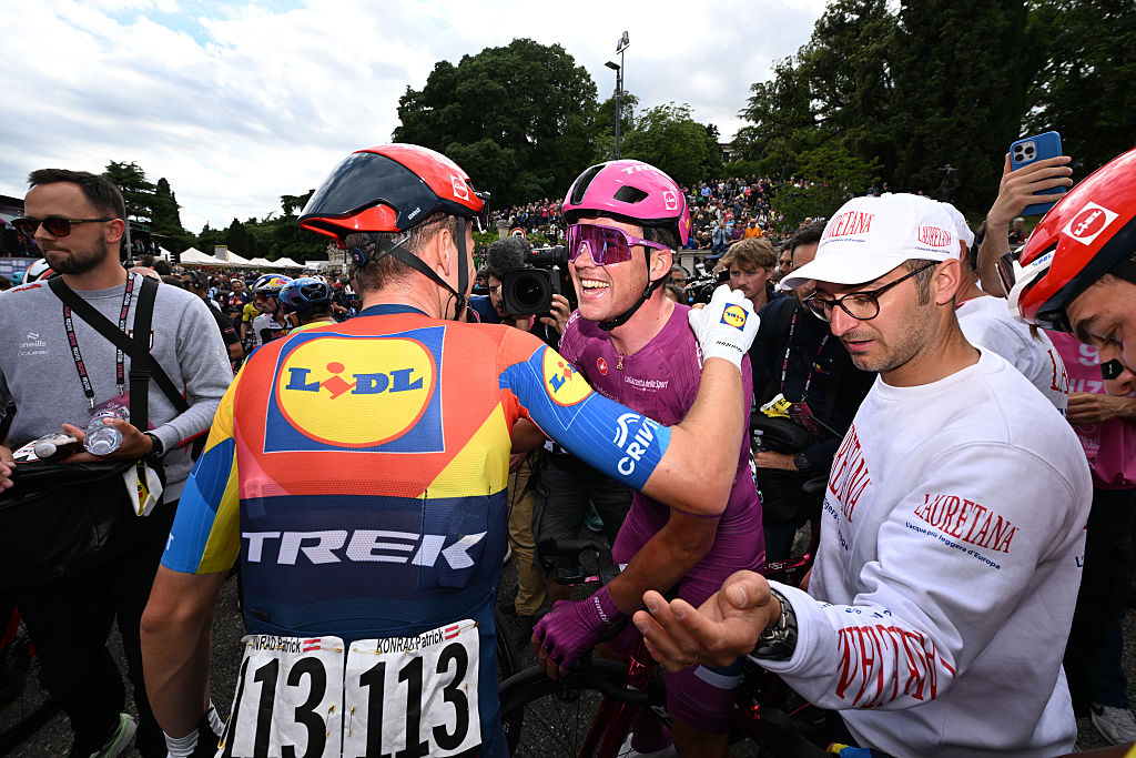 VICENZA ITALY MAY 23 Stage winner Mads Pedersen of Denmark and Team Lidl Trek Purple Points Jersey R reacts with his teammate Patrick Konrad of Austria L after the 108th Giro dItalia 2025 Stage 13 a 180km stage from Rovigo to Vicenza UCIWT on May 23 2025 in Vicenza Italy Photo by Tim de WaeleGetty Images