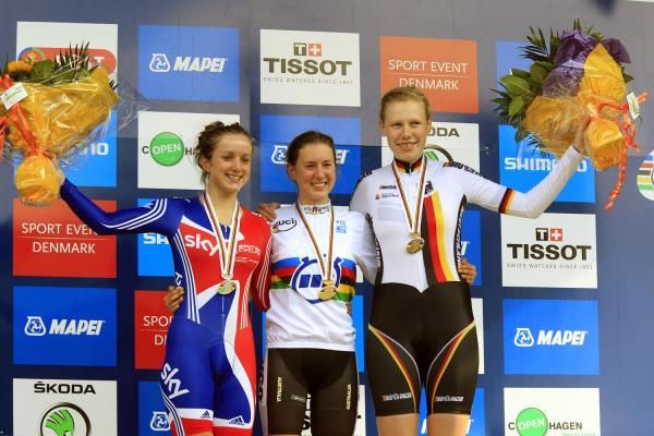 The podium: Elinor Barker (Great Britain), Jessica Allen (Australia) and Mieke Kroger (Germany)