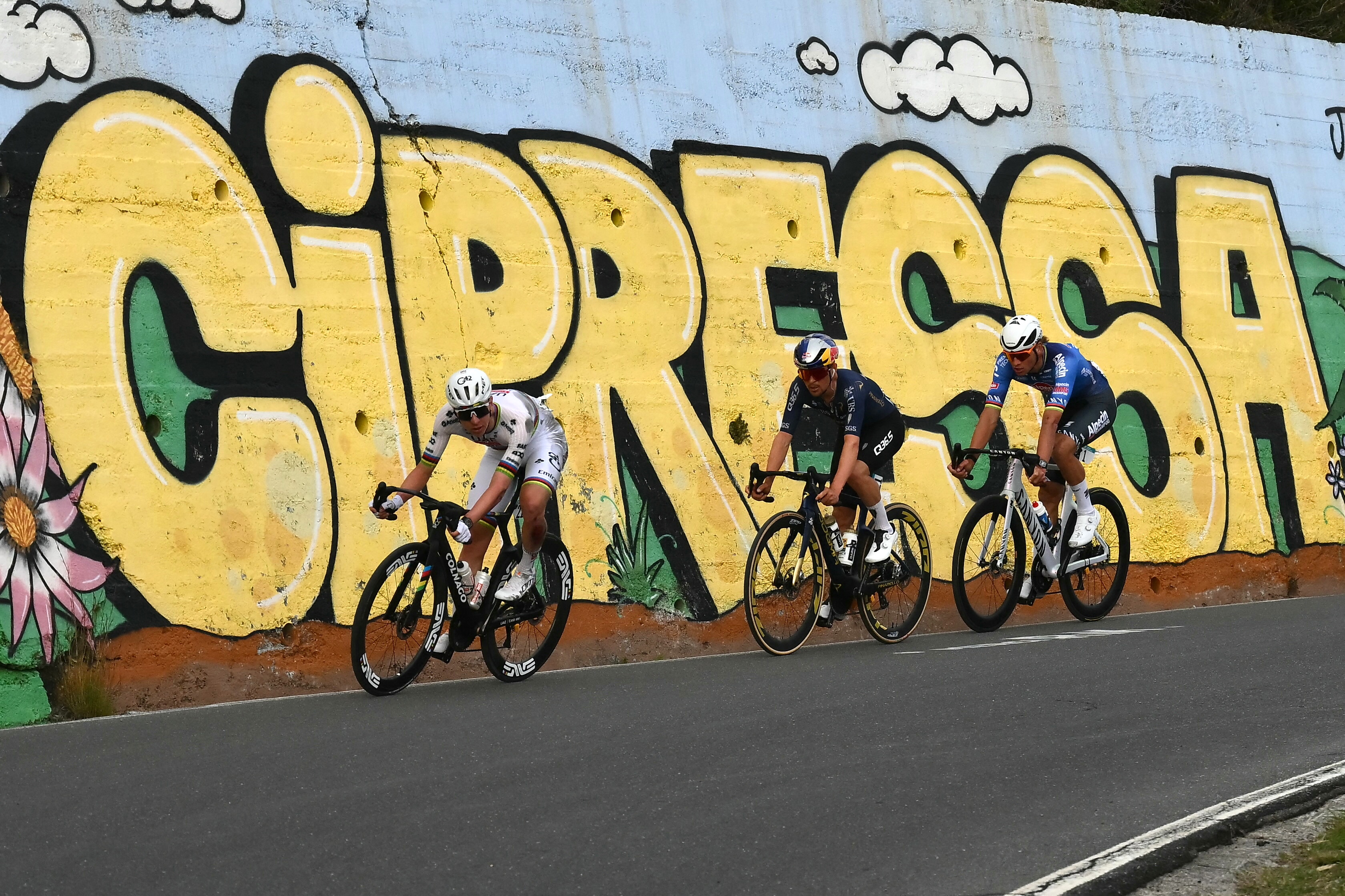 UAE Team Emirate's Slovenian rider Tadej Pogacar (L), Q36.5 Pro Cycling team's British rider Thomas Pidcock (C) and Alpecin-Deceuninck's Dutch rider Mathieu van der Poel ride down the Cipressa during the 117th Milan - Sanremo one-day classic cycling race, on March 21, 2026. (Photo by Marco BERTORELLO / AFP)