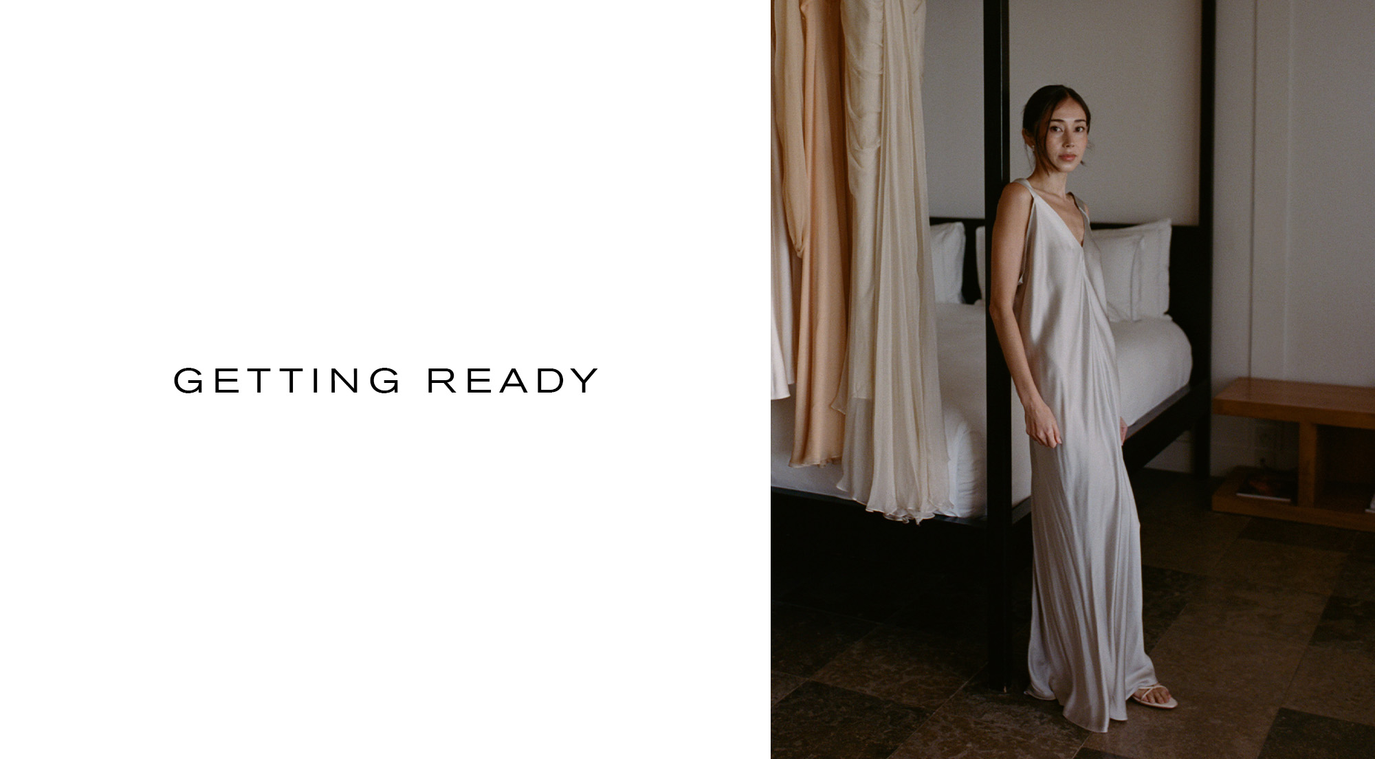 "Getting ready" text with Alexis wearing a slip dress.