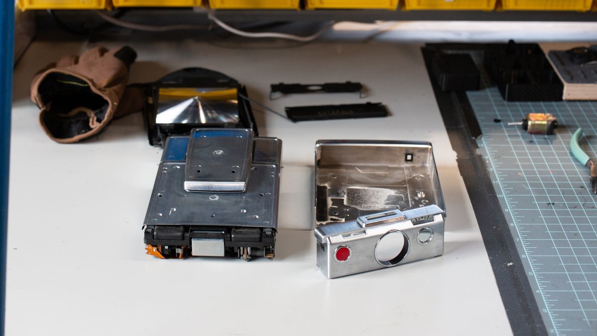 Tear down of the Polaroid SX-70 camera in the Retrospekt workshop during a refurbish