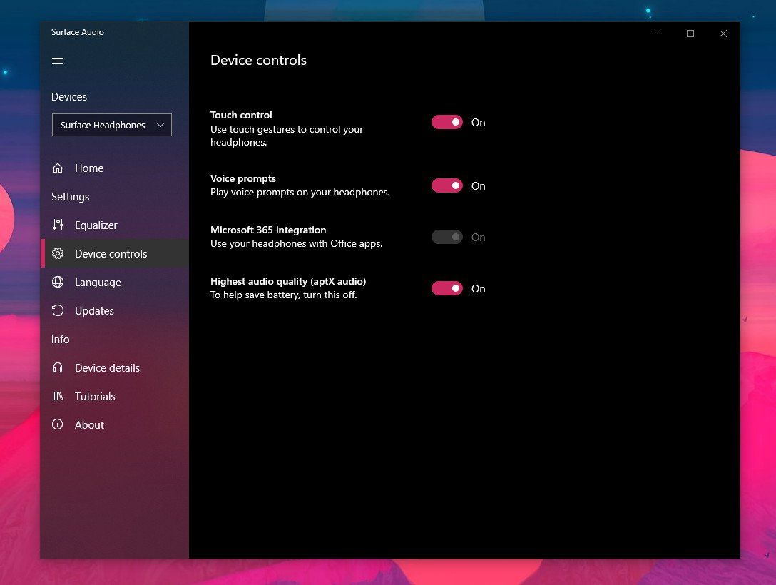 Surface Audio App Windows 10 Touch Controls