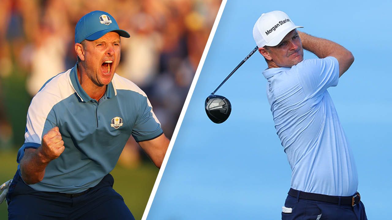 Justin Rose hitting a tee shot and celebrating at the Ryder Cup