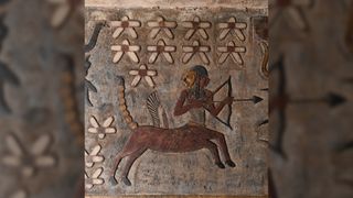 This zodiac sign depicts Sagittarius. While the zodiac signs at Esna were known before cleaning was done the work allows them to be seen more clearly. Here we see a centaur with a scorpion's tail aiming a bow and arrow.