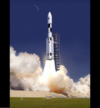 An artist's conception of a Space Launch System launch.