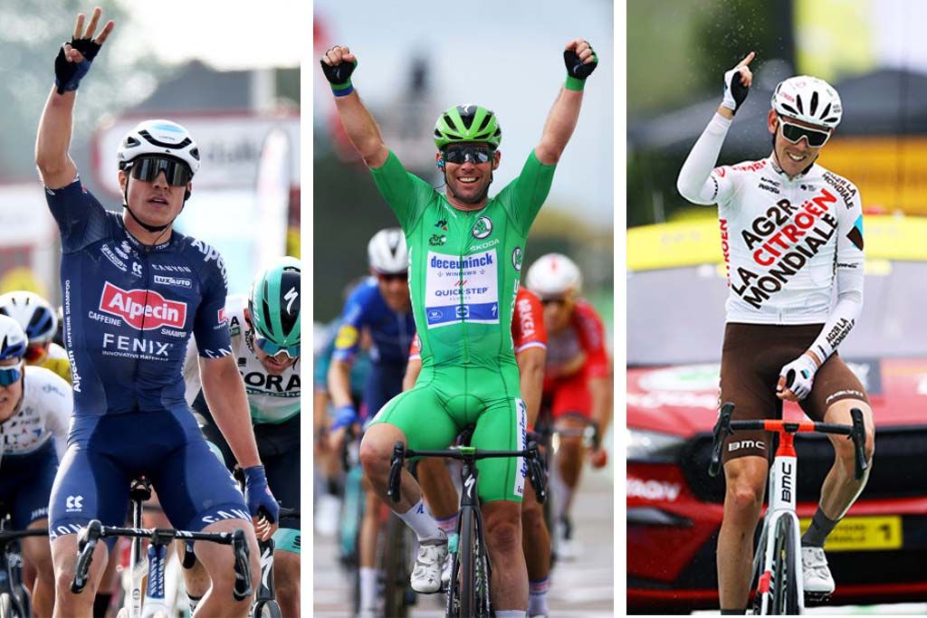 Jasper Philipsen (Alpecin Fenix) Mark Cavendish (Deceuninck-QuickStep) and Ben O&#039;Connor (AG2R Citroën Team)