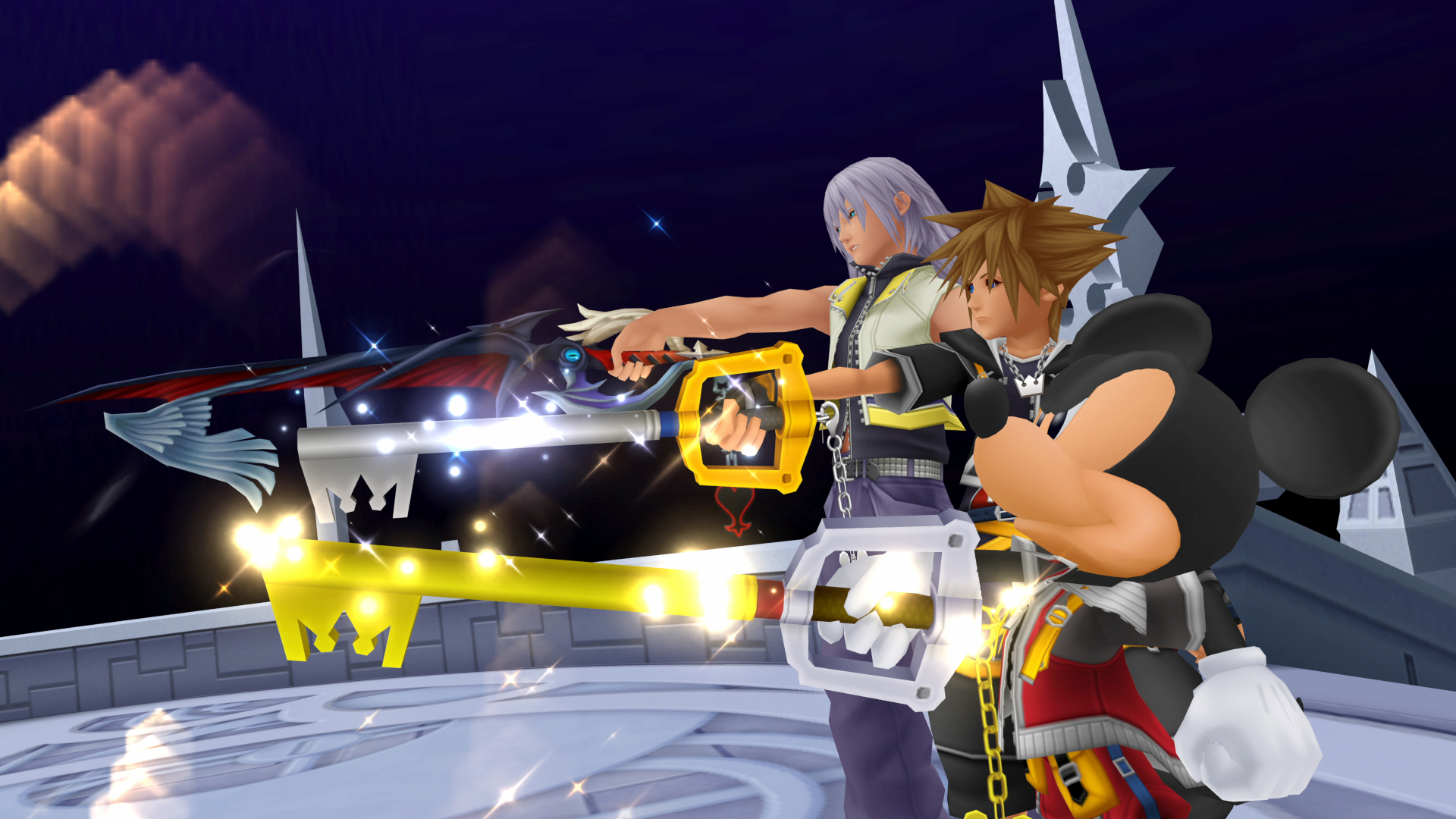 A screenshot from Kingdom Hearts Collection [1-3] showing Mickey, Sora, and Riku standing poised with their keyblades raised in unison