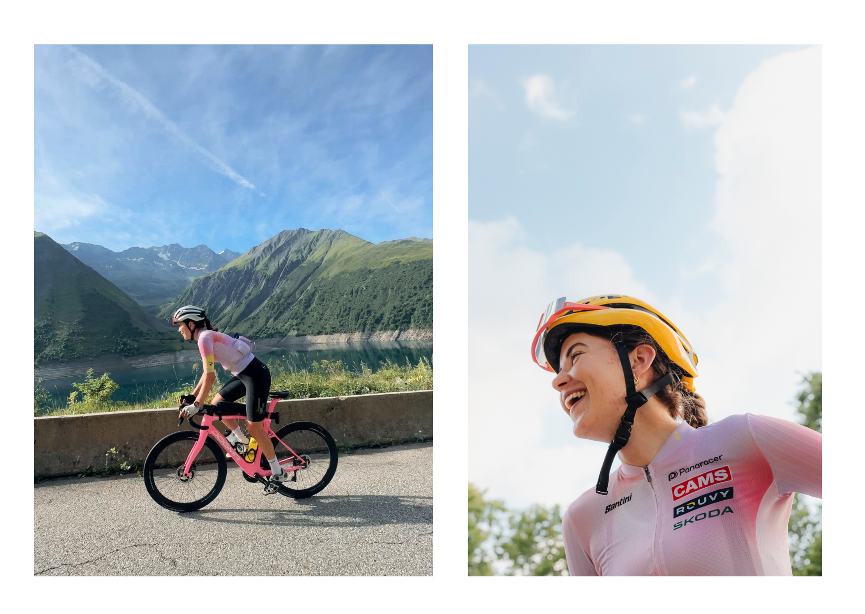 Two photos of Amy, one cycling up a mountain and another of her laughing