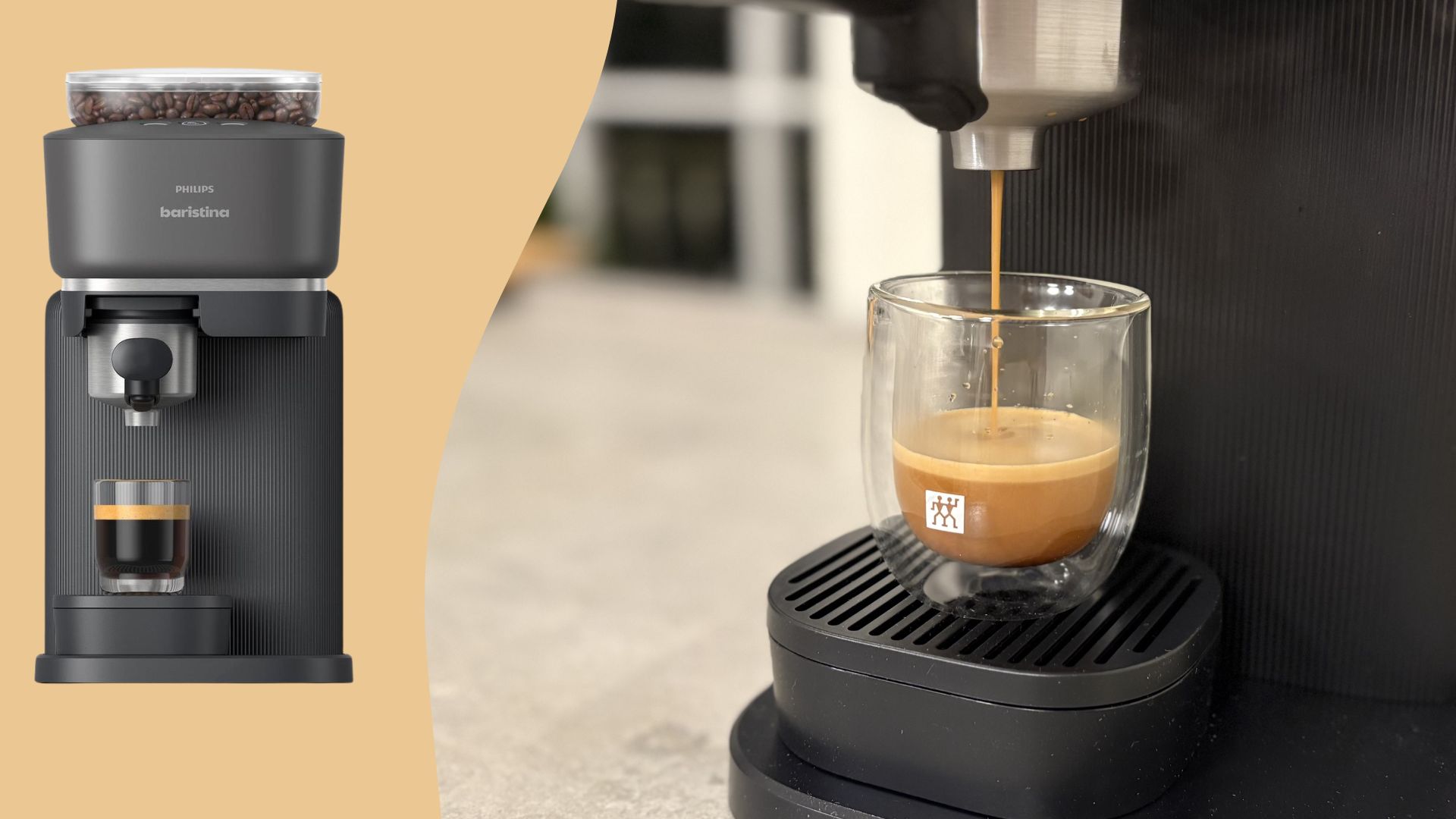 The Philips Baristina Coffee Machine making an espresso next to an image of the Baristina