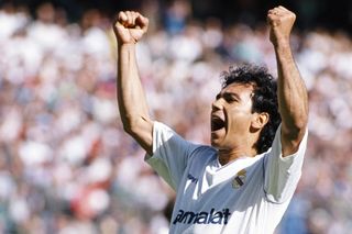 Hugo Sanchez celebrates after scoring for Real Madrid against Logroñés in 1989.