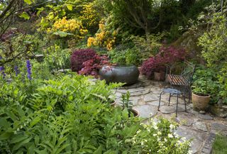 a british garden with natural stone paving
