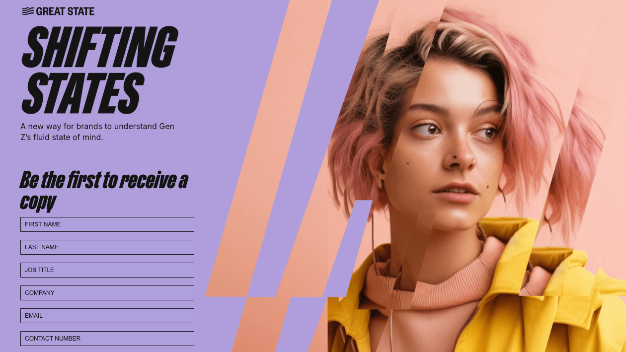 Shifting States with contact details and an image of a woman with pink hair