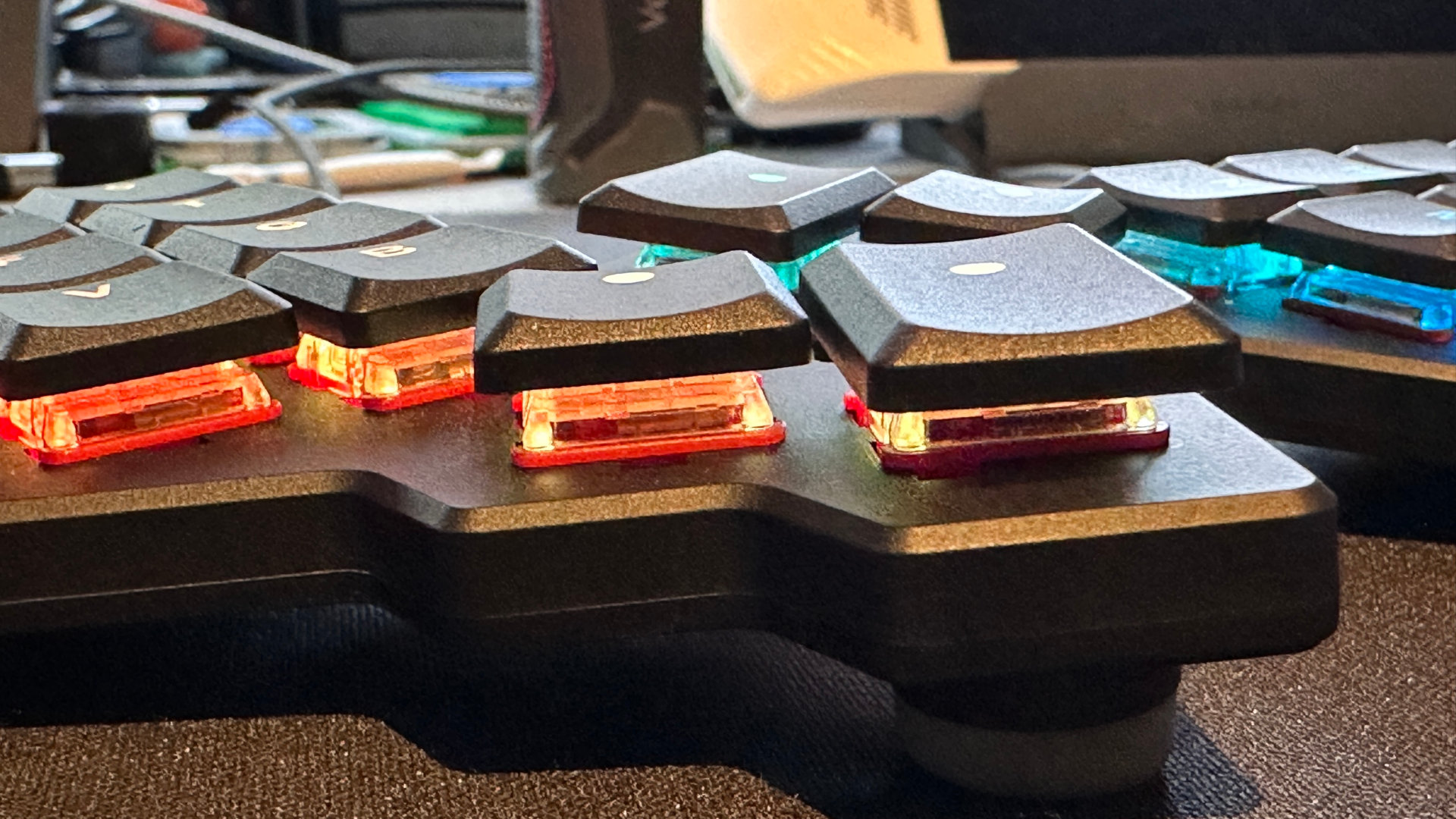 A close-up photo of the ZSA Voyage thumb keys