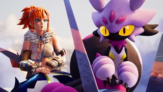 Palworld - Tarantriss sitting with a Pal trainer. 