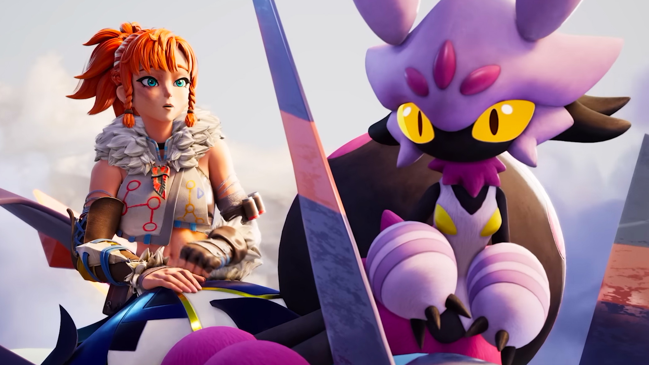 Palworld - Tarantriss sitting with a Pal trainer. 