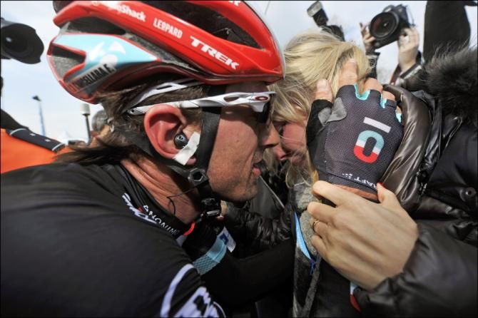 Fabian Cancellara shares a moment with his wife after his Tour of Flanders win