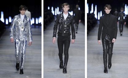 three images of male models on a runway wearing leathers
