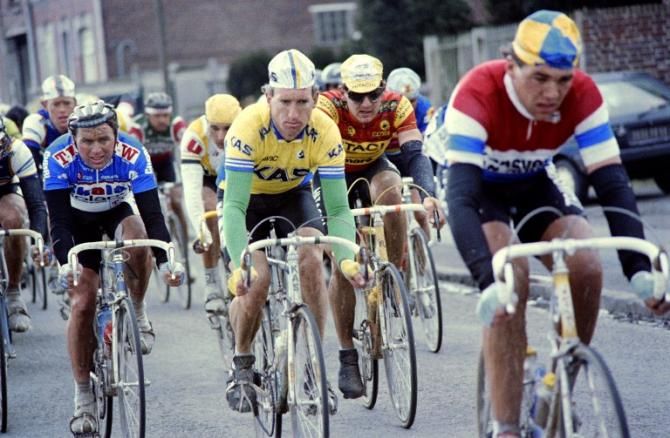 Belgian cyclist Rudy Dhaenens leads Sean Kelly in the 1987 Paris-Roubaix
