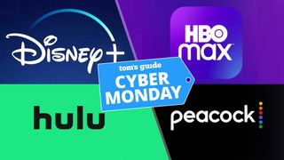 The logos of (clockwise) HBO Max, Peacock, Hulu and Disney Plus logos surround a Cyber Monday graphic