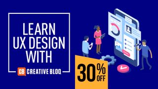 learn UX design with Creative Bloq, images of people looking at a phone with a banner that says 30% off
