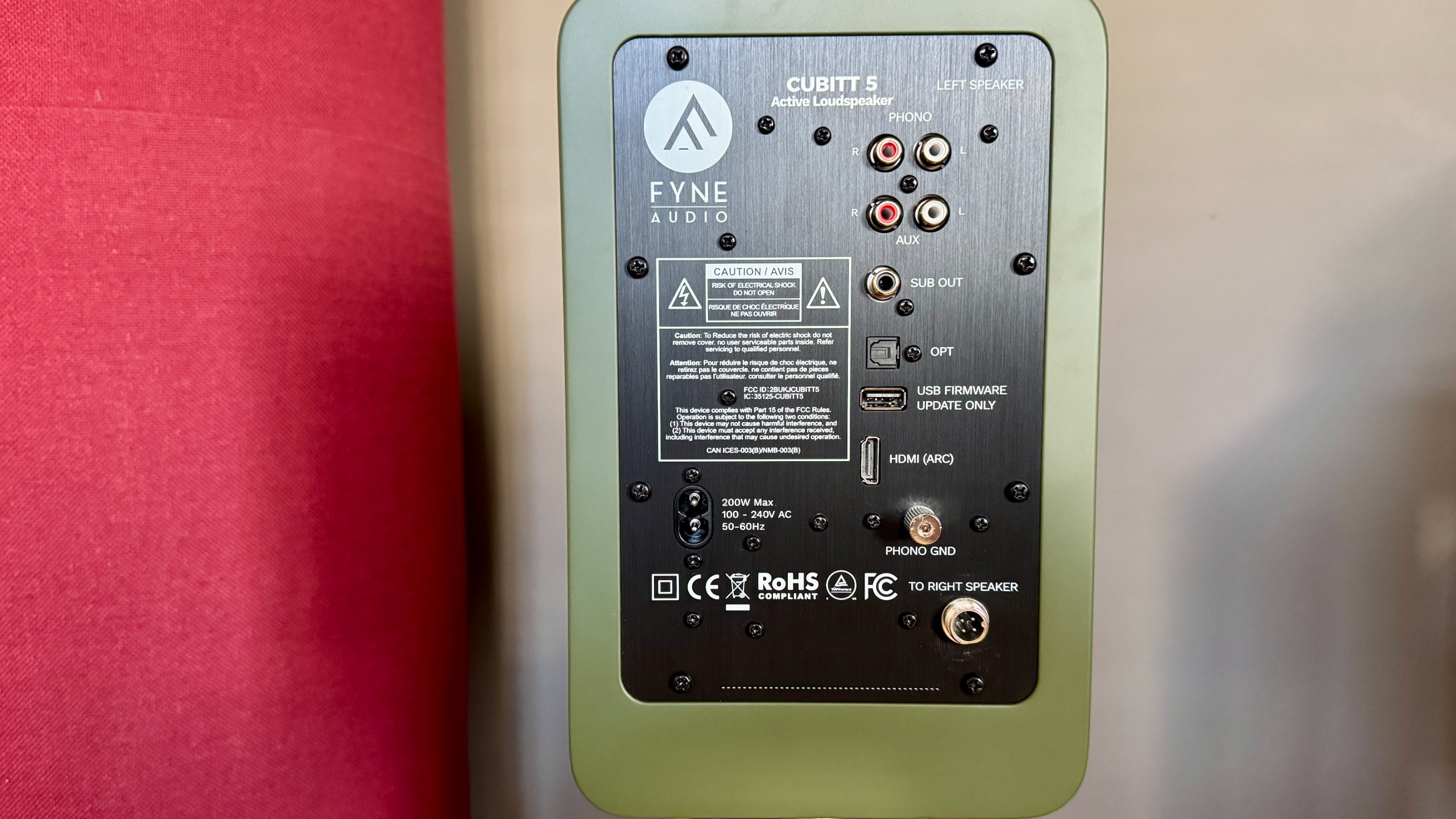 Rear panel, showing cable terminations, of the Fyne Audio Cubitt 5 stereo speaker.