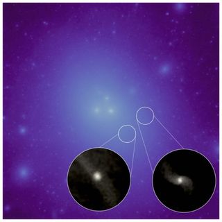 Computer simulations showed large galaxies may steal dark matter from smaller galaxies when they collide. The close-up views reveal two galaxies lacking dark matter, compared to the brighter regions in the image.