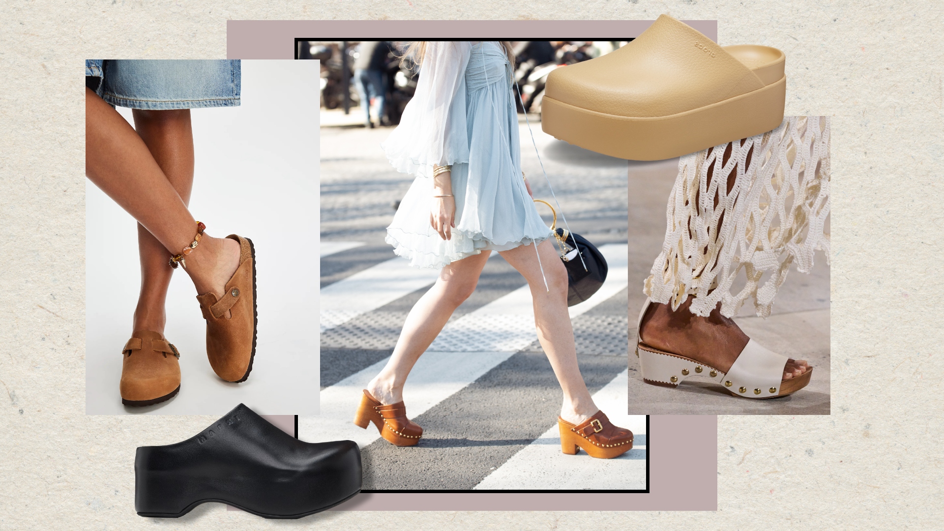 A graphic collage of spring 2025's best clogs by Chloé, Birkenstock, Marni, Crocs, and Ulla Johnson